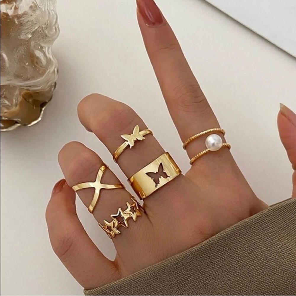 Gold 6pc Butterfly & Star Ring Set